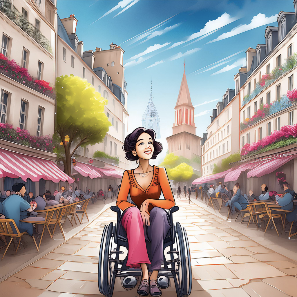 Montre une femme handicapée dynamique fraichement arrivée à Paris